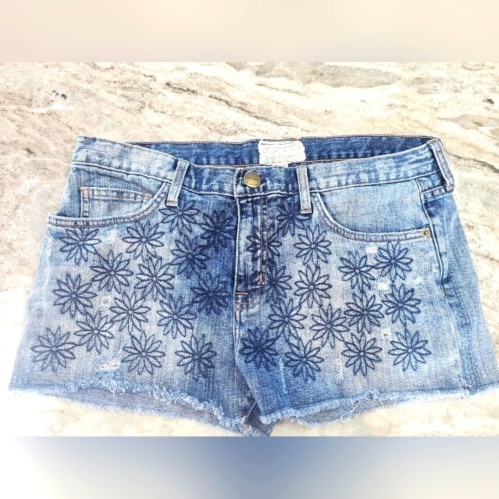 Current/Elliott The Boyfriend Denim Shorts 28 Summer Love Floral Embroidered Cut